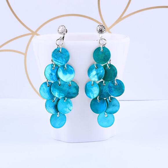 Clip on silver, round layered turquoise shell earrings & clear stone - Picture 3 of 4